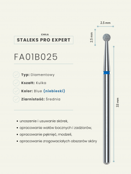 Frez diamentowy kulka 2.5mm, niebieski, Staleks PRO