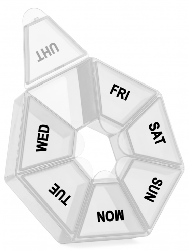 Kasetka tygodniowa na leki, okrągły kształt, przezroczysta