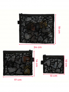 Kosmetyczka 3w1 w serduszka siateczka, czarna