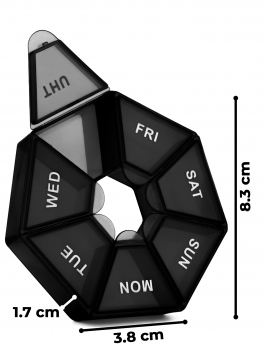 Kasetka tygodniowa na leki, okrągły kształt, czarna
