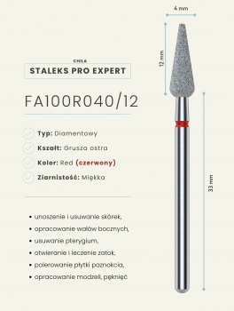 Frez diamentowy gruszka 4mm, czerwony, Staleks PRO