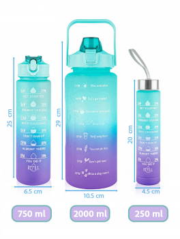 Bidon na wodę ze słomką, uchwytem i miarką motywacyjną 3w1, turkusowo-fioletowy