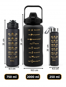 Bidon na wodę ze słomką, uchwytem i miarką motywacyjną 3w1, czarny