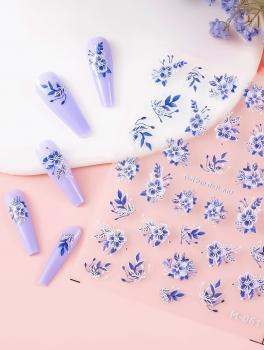 Naklejki na paznokcie samoprzylepne, kwiaty niebieskie (1 ark)
