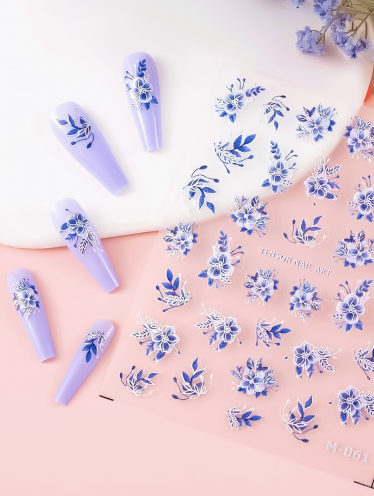 Naklejki na paznokcie KWIATY BIAŁO-NIEBIESKIE - 1 ark